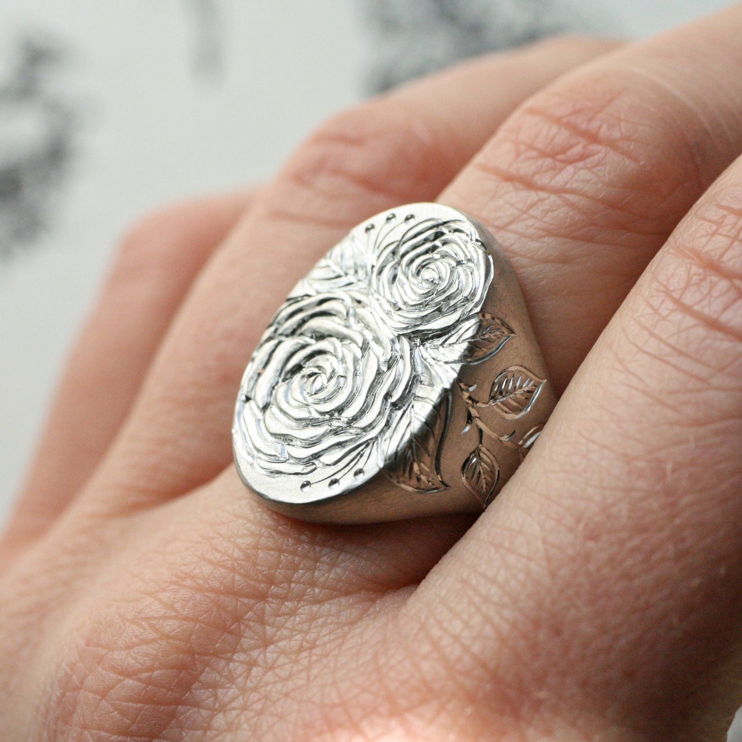 Sterling silver XL Oval Beloved Rose Signet size 7 READY TO SHIP