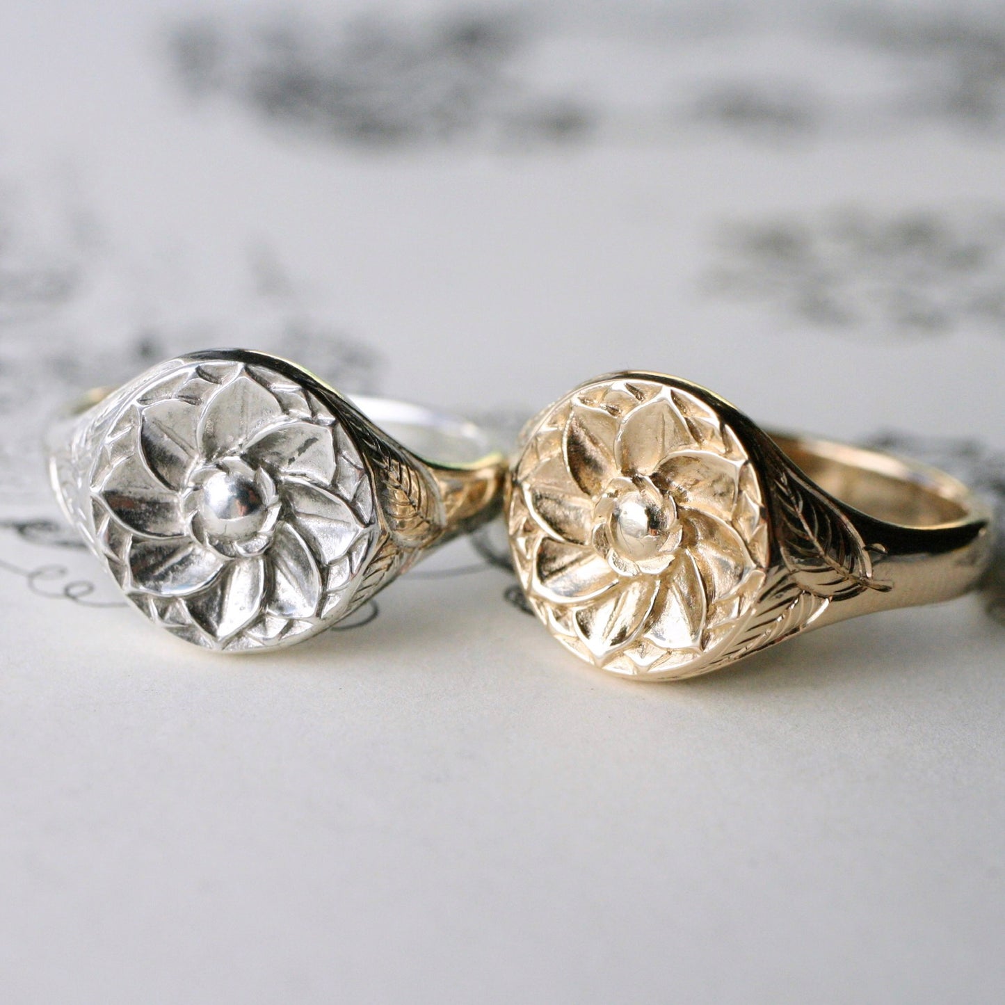 14k gold Rosette signet ring size 9 READY TO SHIP